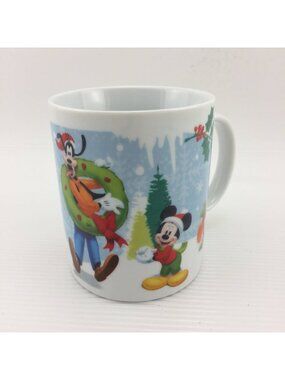 Vintage Disney Christmas Coffee Mug  Mickey Mouse, Minnie & Goofy Holiday Scene